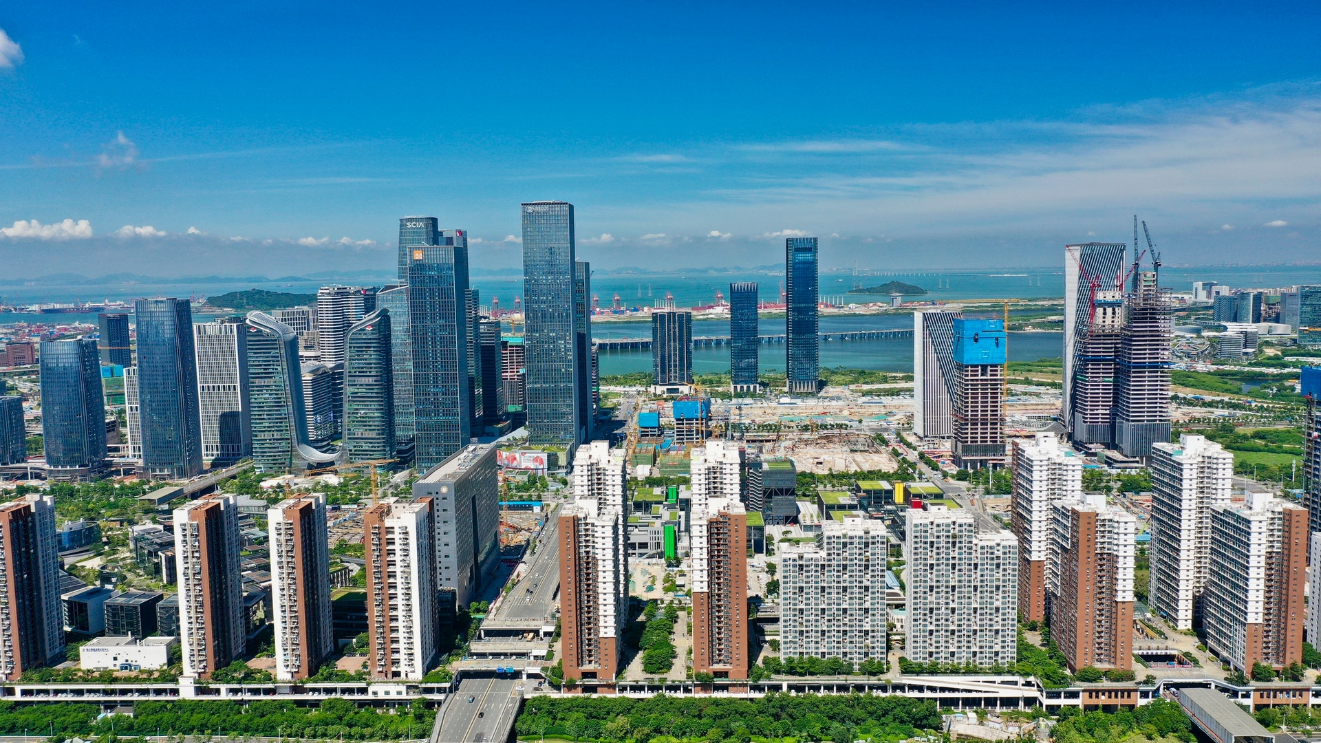 Qianhai Shenzhen skyline with modern buildings and water view